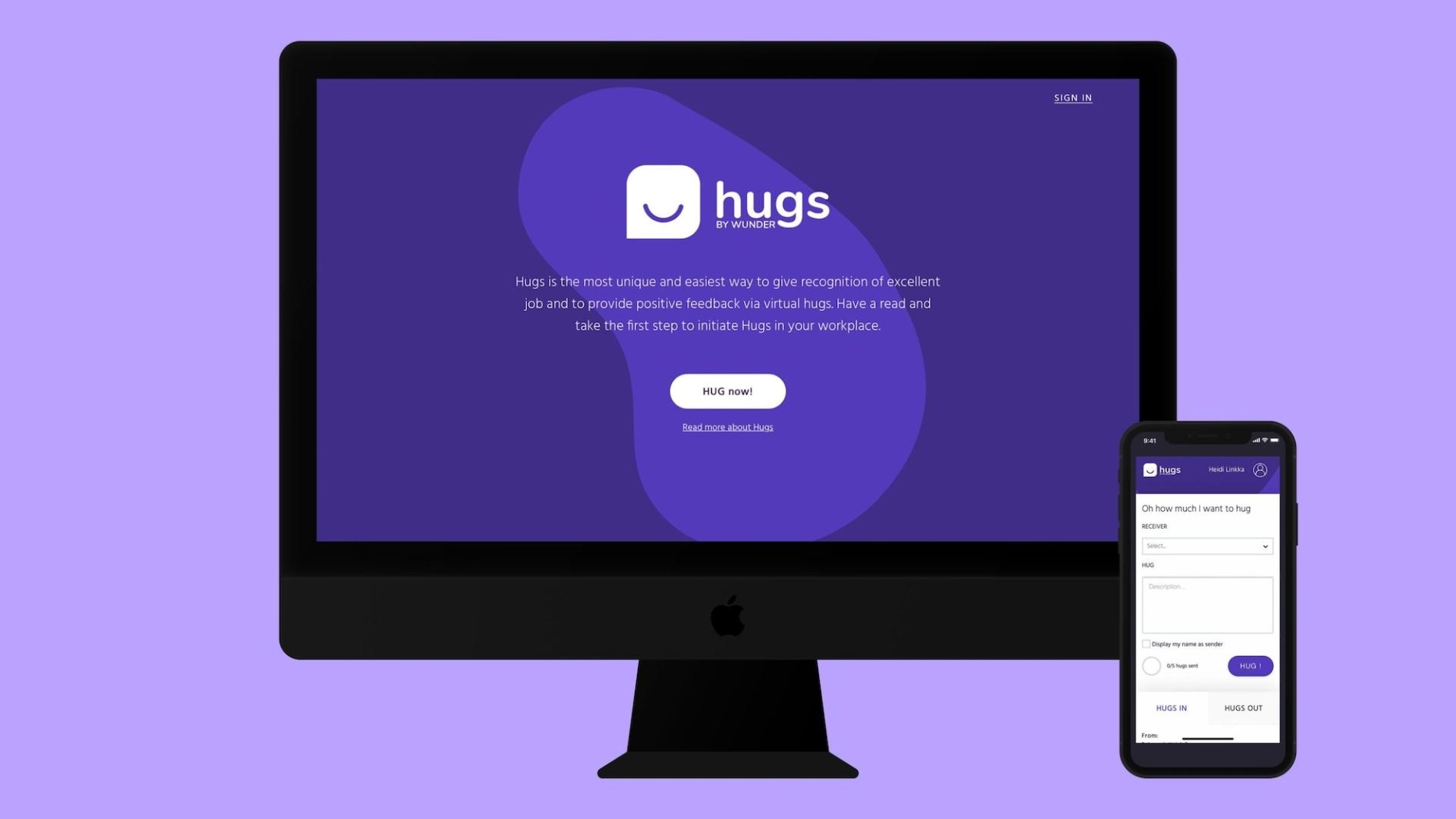 Hugs by Wunder, on desktop and mobile screen.
